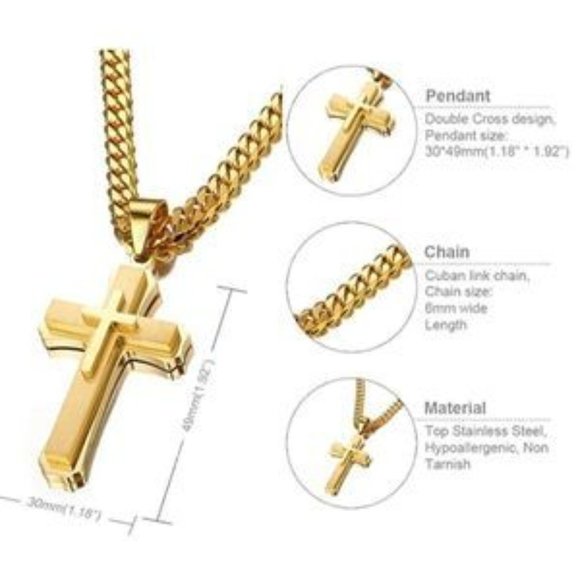 NEW Men’s Gold Cross Cuban Chain Necklace​ - Picture 4 of 5